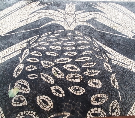 A mosaic floor with black and white designs.