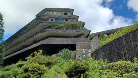 A building with plants growing on the top of it.